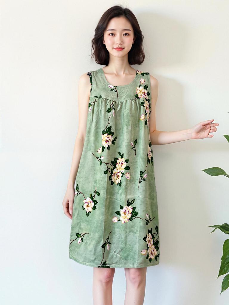 Plus Size Sleeveless Cotton Rayon Dress for Middle-Aged Women