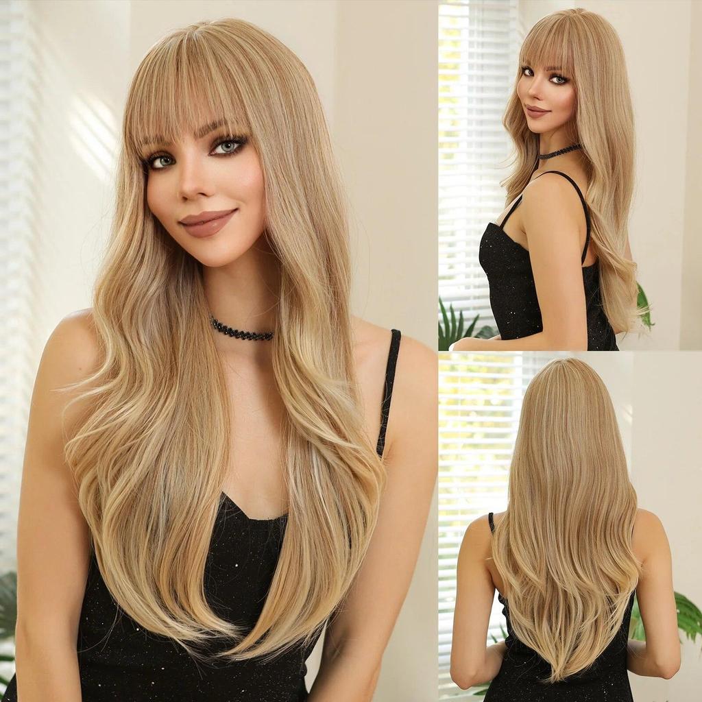 LOUIS FEREE Long Wavy Wig With Bangs Red Brown Ginger Copper Synthetic Wigs for Women Natural Wave Curly Wigs Heat Resistant Hair for Daily