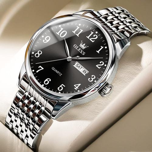 Olevs Tokei Watch Men's Black Simple Waterproof Watch Men's Stainless Steel Watch for Men Analog Silver Band Popular Wrist Watch Stylish Men's Busines