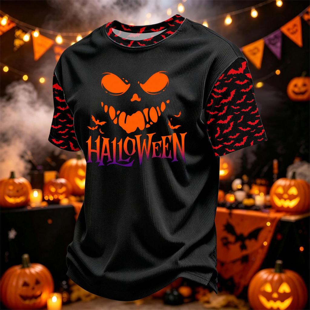 Men's Casual Corduroy Round Neck Lightweight Breathable Short Sleeve Top Halloween Print Lettering Design