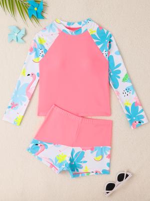 Moda Feminina Verão Praia Conjunto de Biquíni 2 Peças Roupa de Banho Top de Manga Comprida Estampado e Saia Fato de Banho Tankini