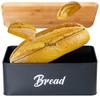 Black Metal Bamboo Bread Bin Kitchen Container for Bread