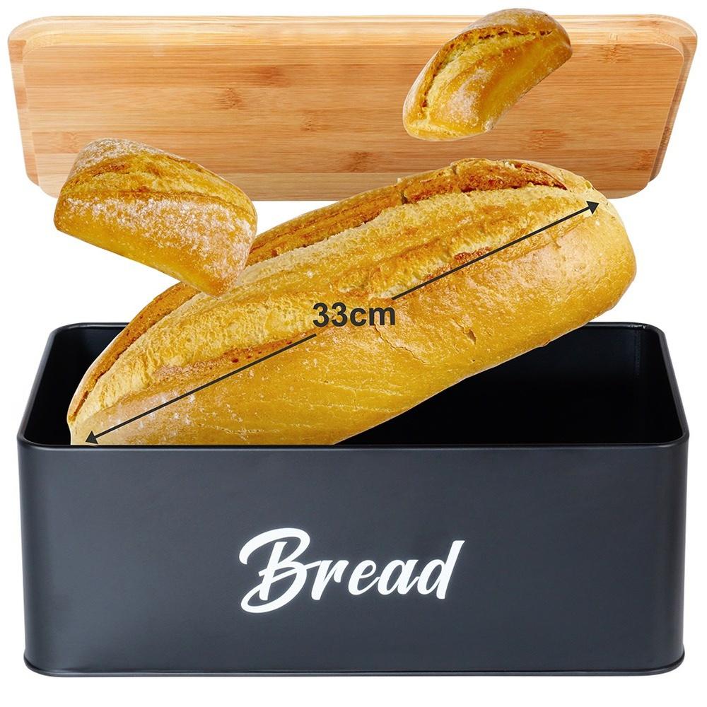 Black Metal Bamboo Bread Bin Kitchen Container for Bread