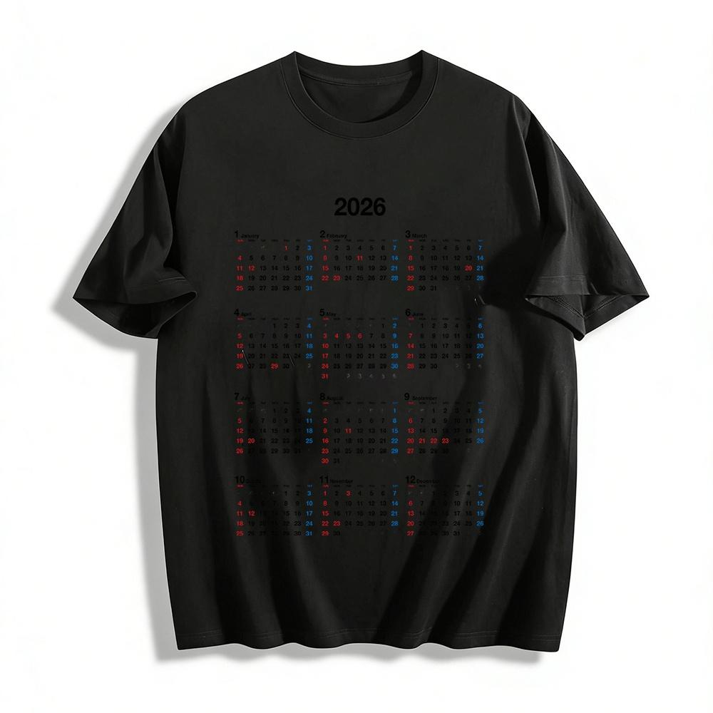 

2026 Full Year Calendar Print Casual Daily Unisex Top Pure cotton T-shirt 6XL
