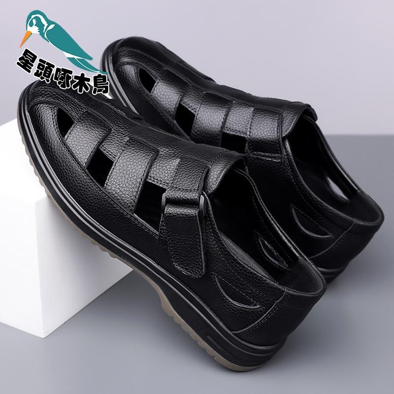 High quality 2025 summer new middle-aged bag head sandals genuine leather middle-aged and elderly soft-soled leather shoes