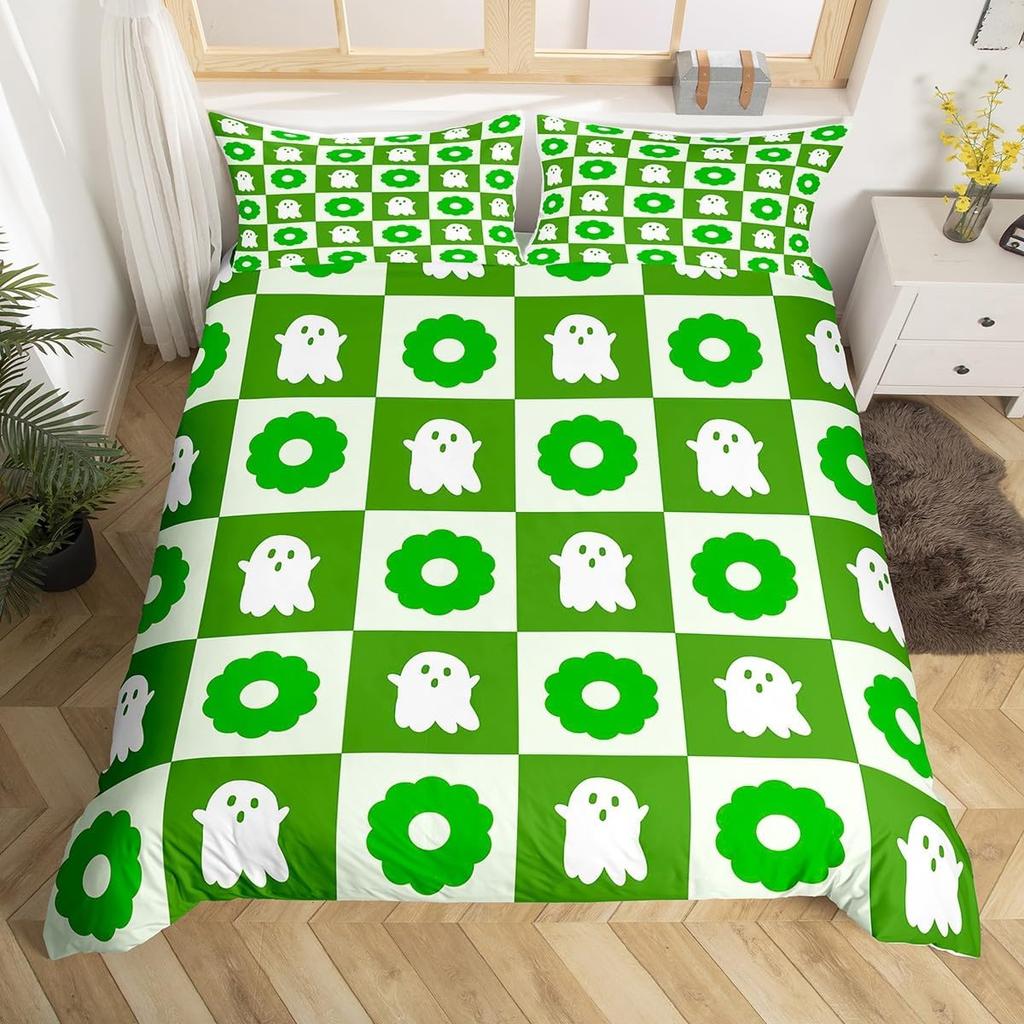 Ghost Duvet Cover Queen King Size Cartoon Cute Ghost Decorative Bedding Set for Kids Girls Teens Happy Halloween 3 Piece Set