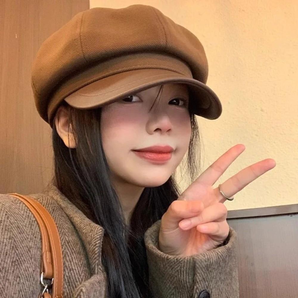 Windproof Beret Cap Solid Color Painter Peaked Hat  Autumn Winter Girl Accessories