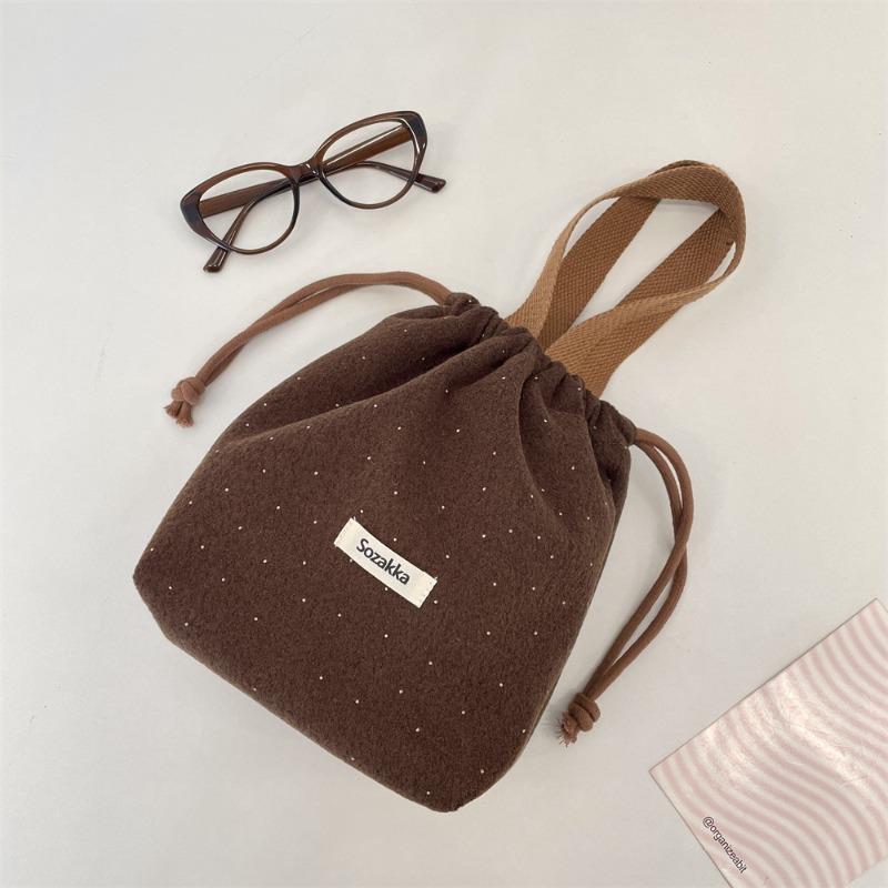 Woolen small polka dot drawstring bundle mouth bag portable small bag going out shopping sundries portable bento bag