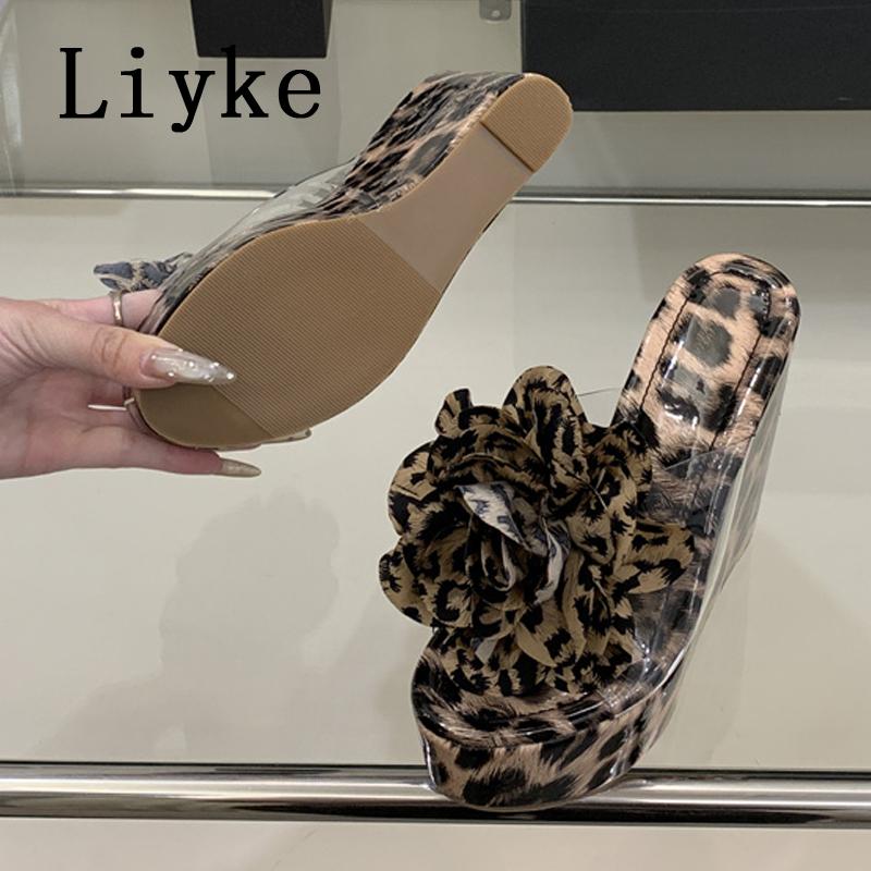 Fashion Liyke Sexy Leopard Print Platform High Heels Wedges Slippers For Woman Fashion Big Flowers Summer Transparent Sandal Female Shoe