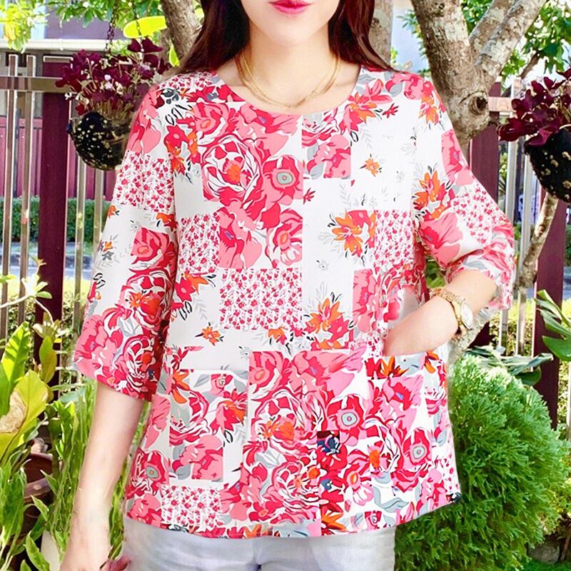 

ZANZEA Женская повседневная блузка с круглым вырезом, свободного кроя, с короткими рукавами, с цветочным принтом S розовый