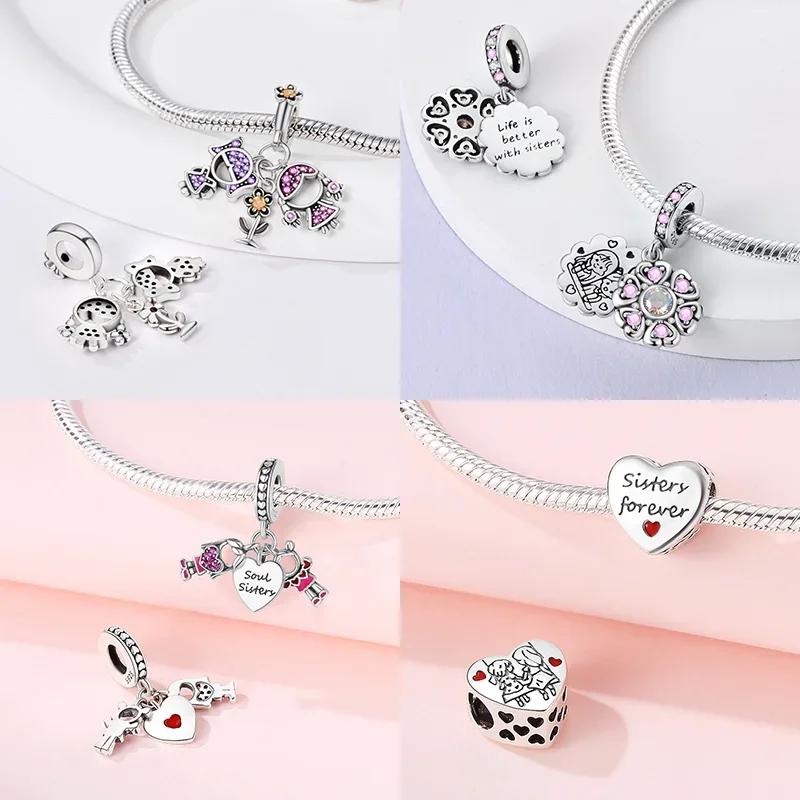 925 Silver Sisters On Swing Heart Charm Beads DIY Bracelet Fine Jewelry Gift for Women Sister Forever