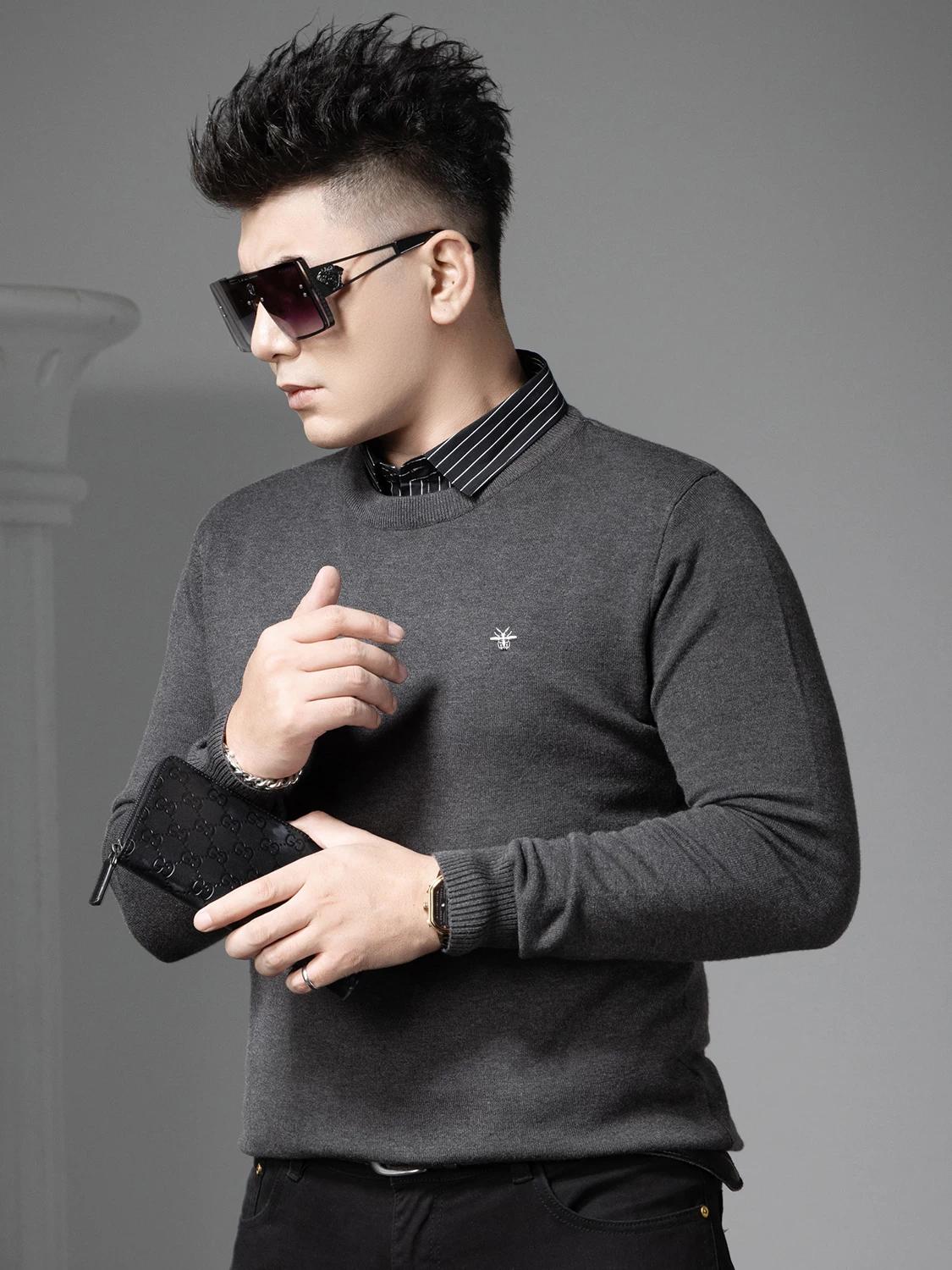 

European Style Shirt Collar Sweater for Men, 2025 Autumn and Winter New Style, Faux Two-Piece Knit Sweater, Trendy Knitted Base Shirt 3XL темно-серого