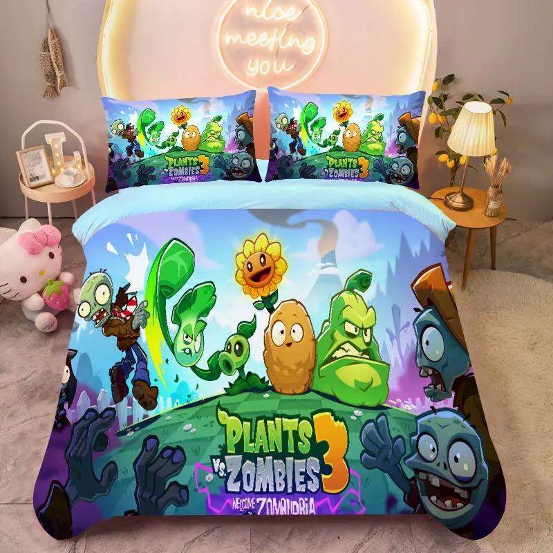 Anime Plants vs Zombies Duvet Cover Pillowcase Bedding Set Kids Boy Girl Bedroom Decoration 2/3piece set Single Double full Size