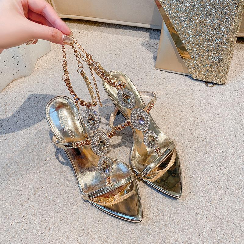 2025 Summer New Pointed Open-toed Rhinestones Sexy One-word Buckle High Heels Stiletto Fashion Show Sandals Women