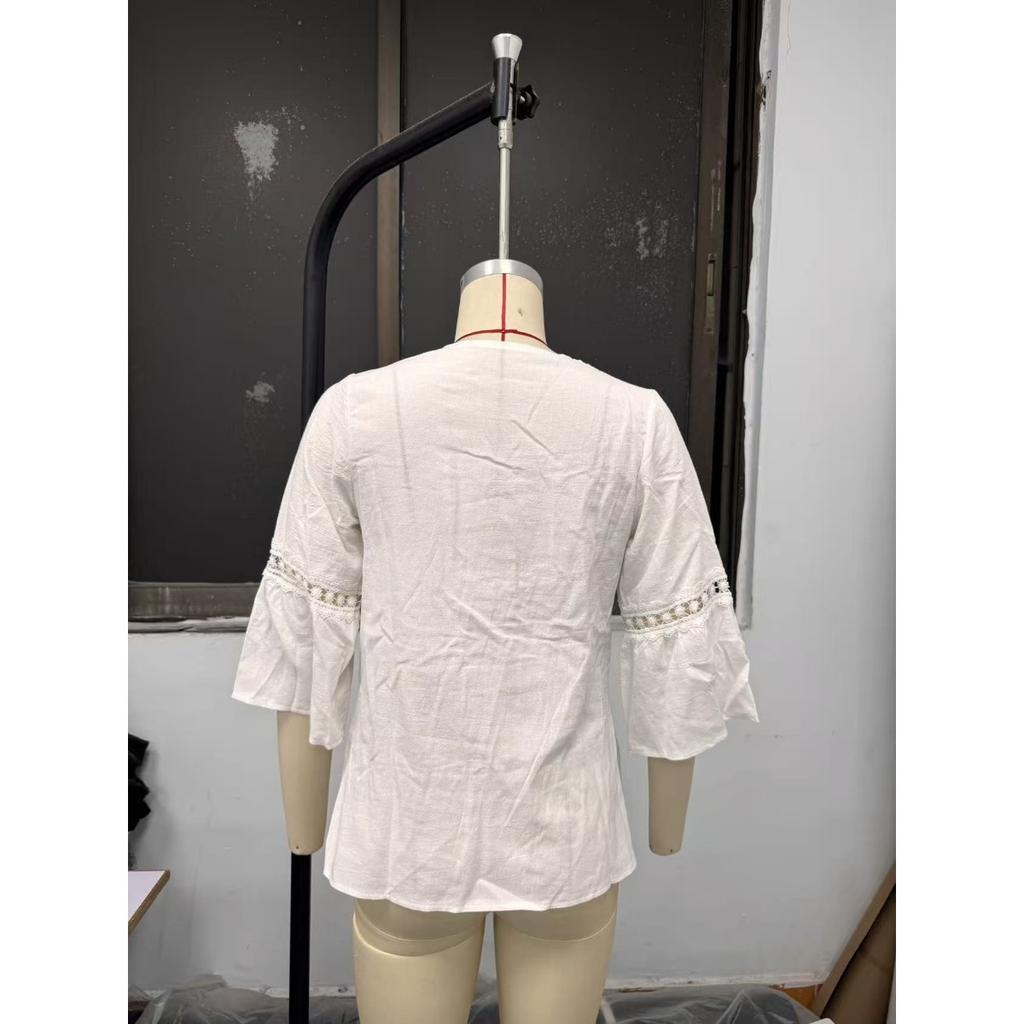Zomer Dames Effen Linnen Katoen Vierkante Hals Top Kant Patchwork Driekwart Mouw Casual Blouse