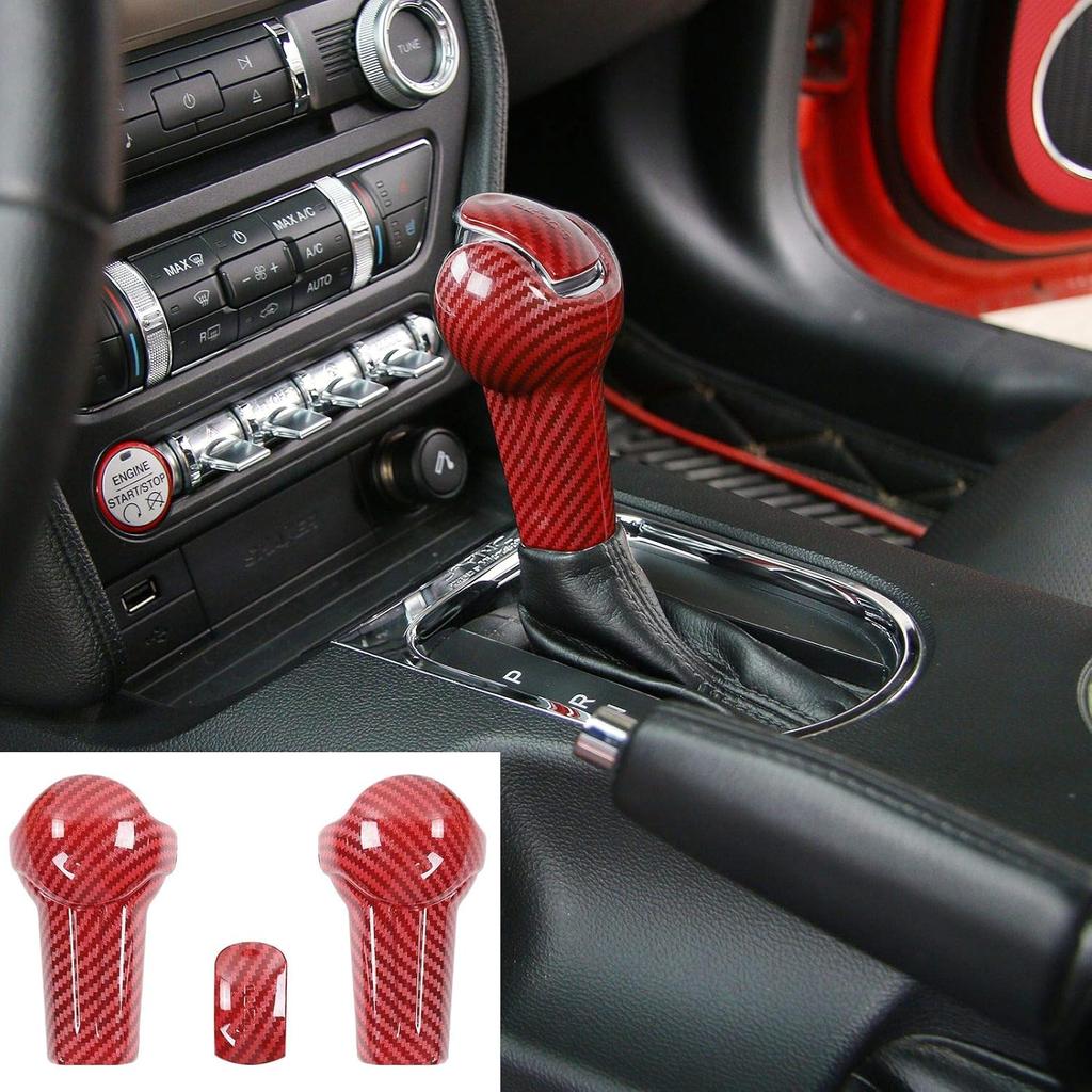 JeCar Red Carbon Fiber Gear Shift Knob Cover Trim for Ford Mustang 2015-2023 Interior Accessories