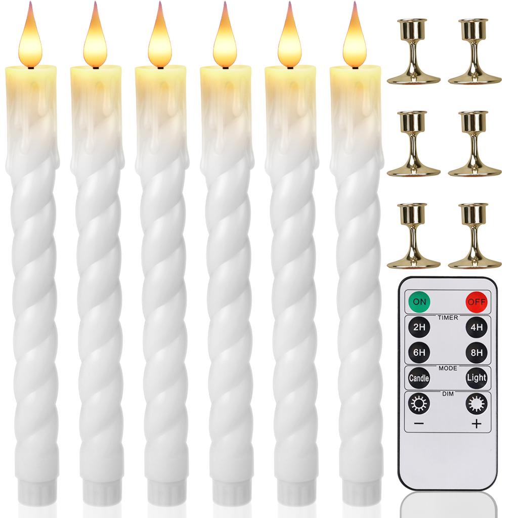 6Pcs White/Ivory Flameless Taper Candle Twisted LED Battery Operated Candlesticks With Holder for Wedding Home Party Table Decor