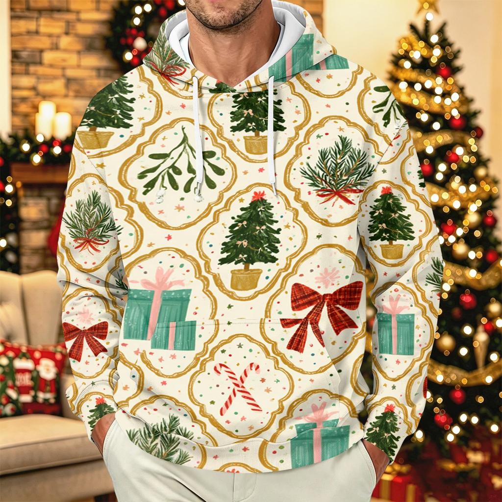 Men's Long Sleeve Christmas Print Pullover Hoodie for Holiday Party and Everyday Wear