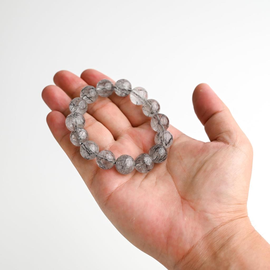 Black Rutilated Quartz Bracelet Tourmaline in 14mm 17cm Wrist Limited Natural Power Prayer Good Luck Feng Shui [Eigado] (Black Quartz) Stone, Size,