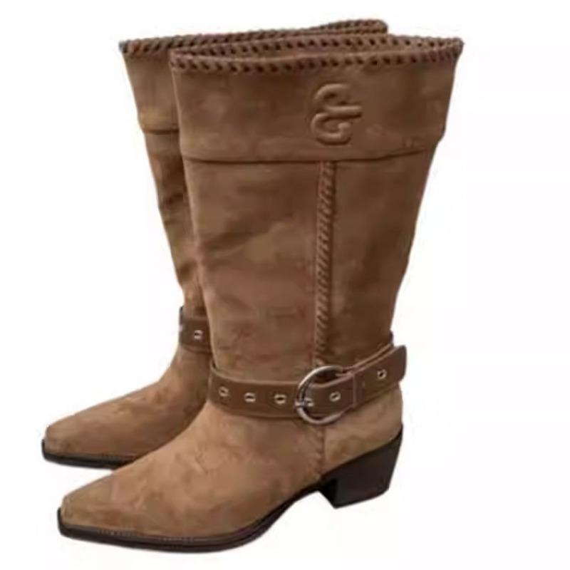 Lapel Two Wear Wide Tube Stacking Boots Pointed Western Cowboy Boots Summer Boots Women's Thick Heel Versatile Medium Boots