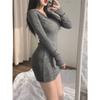 Fashion Korean version of Spice Girl style V-neck long-sleeved dress for women's spring slim fit and thin inside, sexy hip skirt