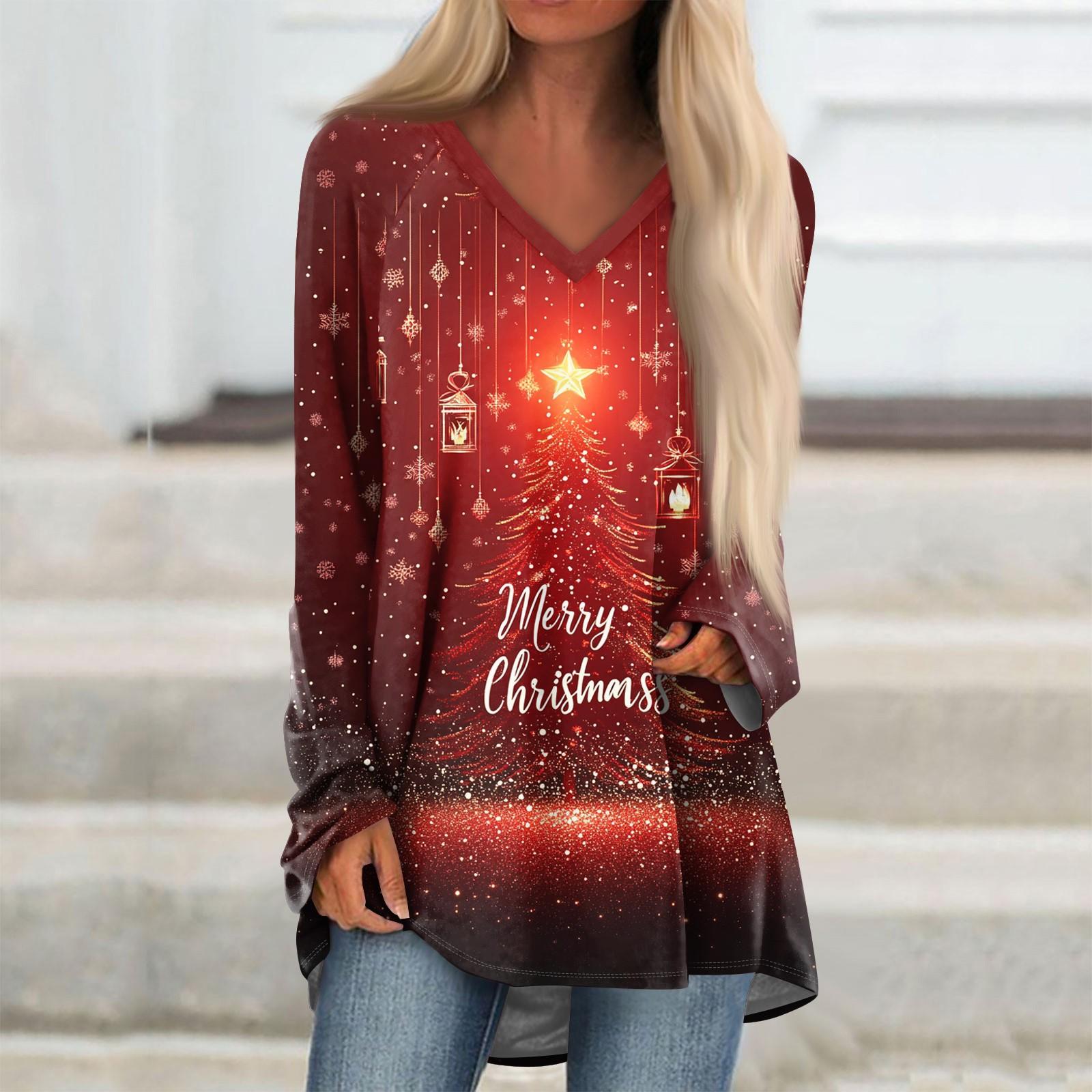 

Женская модная повседневная футболка с принтом, длинный рукав, V-образный вырез, топ средней длины XL винный