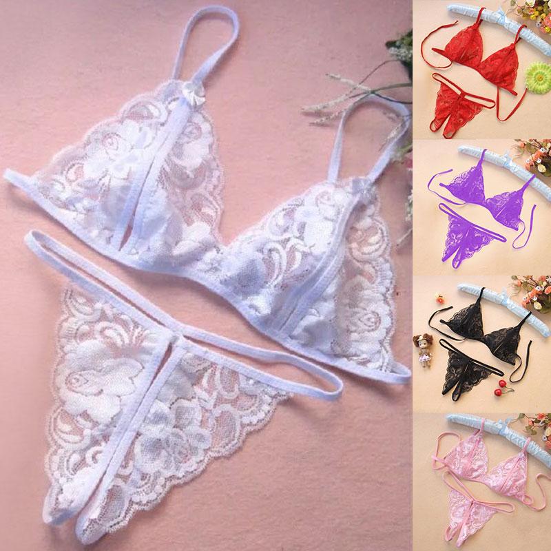 Crotchless Lace Bikini Three Point Female Lingerie Babydoll See Through Glamour Bra+Underwear Sexy Glamour Underwear Set