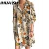 Dames Omgeslagen Kraag Lange Mouwen Jurk Zomer Mode Geruite Print Jurk