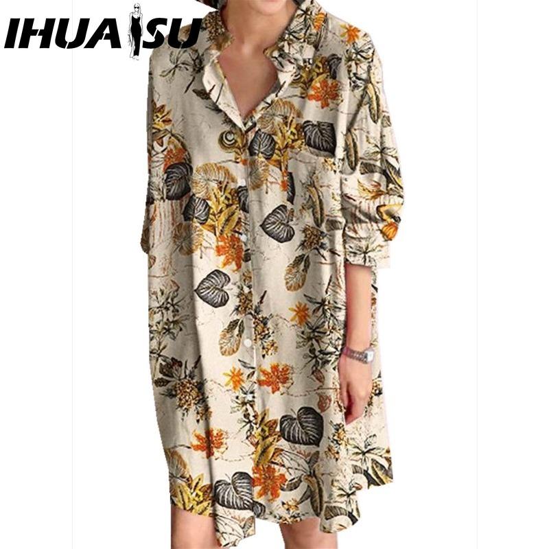 IHUASU Damen Umlegekragen Langarm Hemdkleid Sommermode Plaid Print Kleid