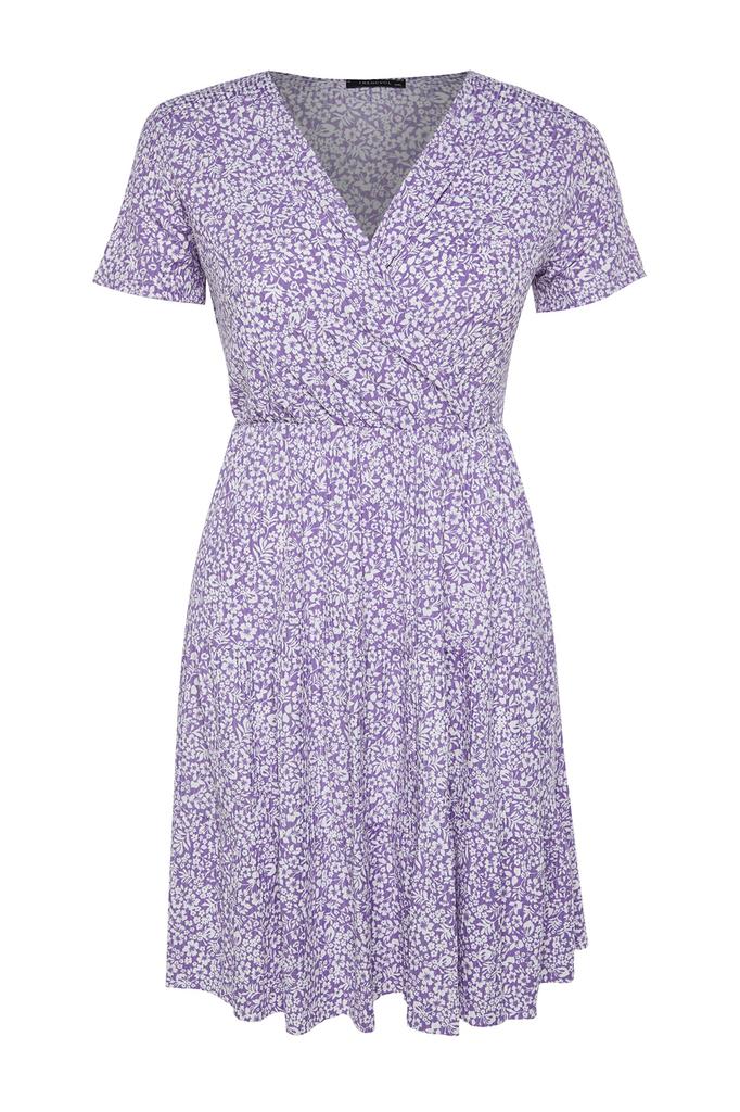 Damen Stil Übergröße Orange V-Ausschnitt Strickkleid mit Blumenmuster