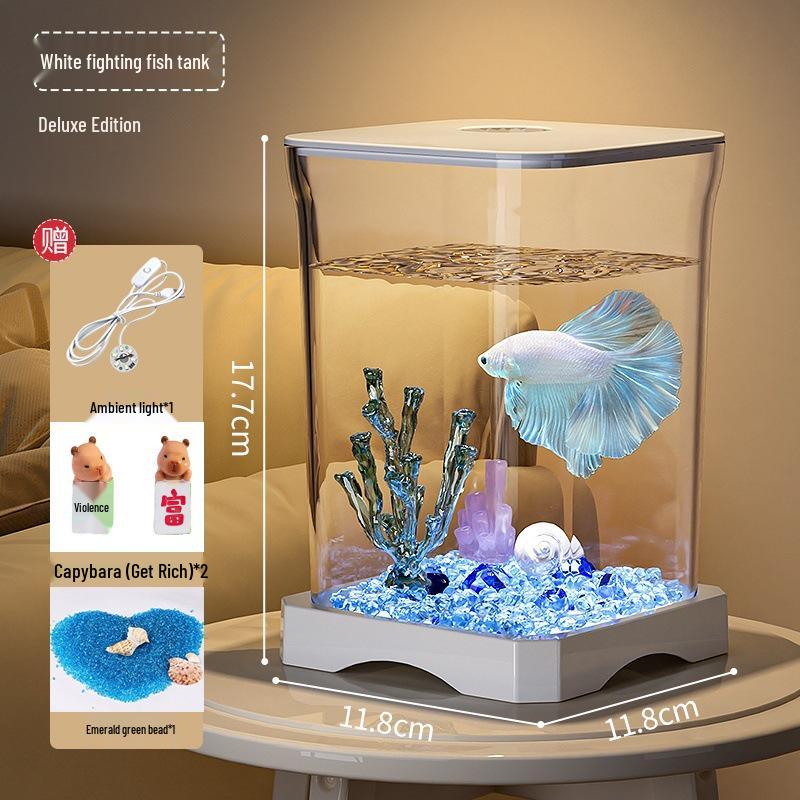 Creative Betta Fish Ecological Desktop Tank with Night Light Decoration.