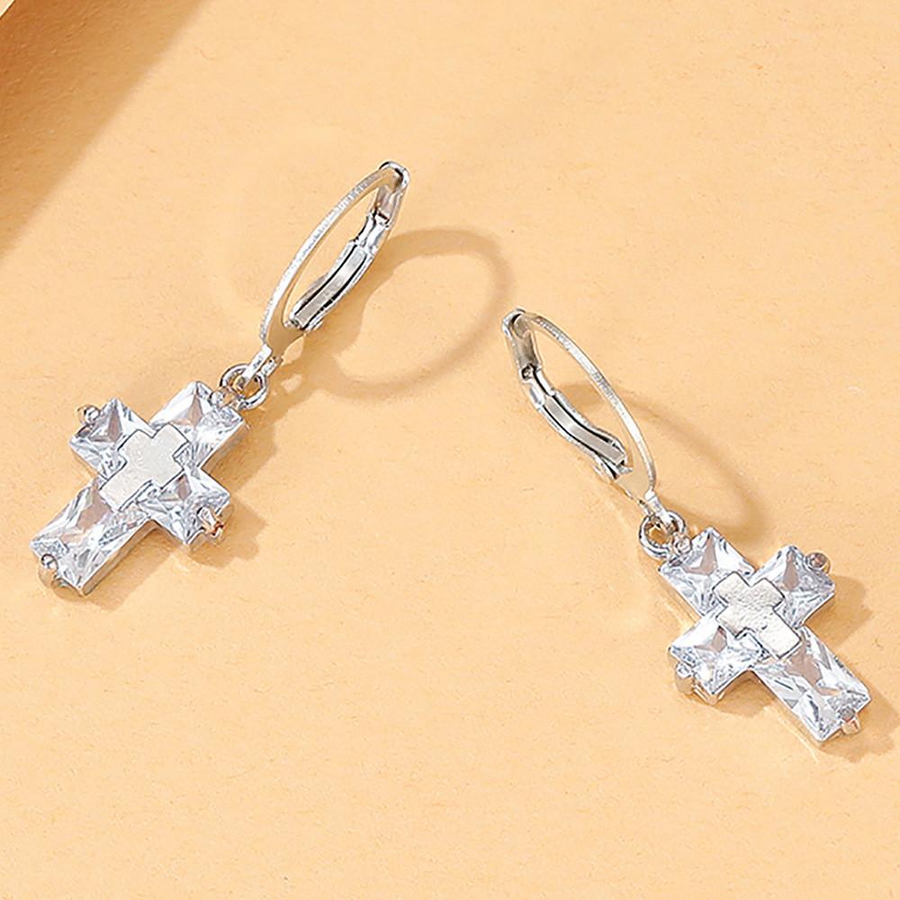 Cross Stylish Silver Earrings With Sparkling Crystals Trendy And Minimalist Design Women For
