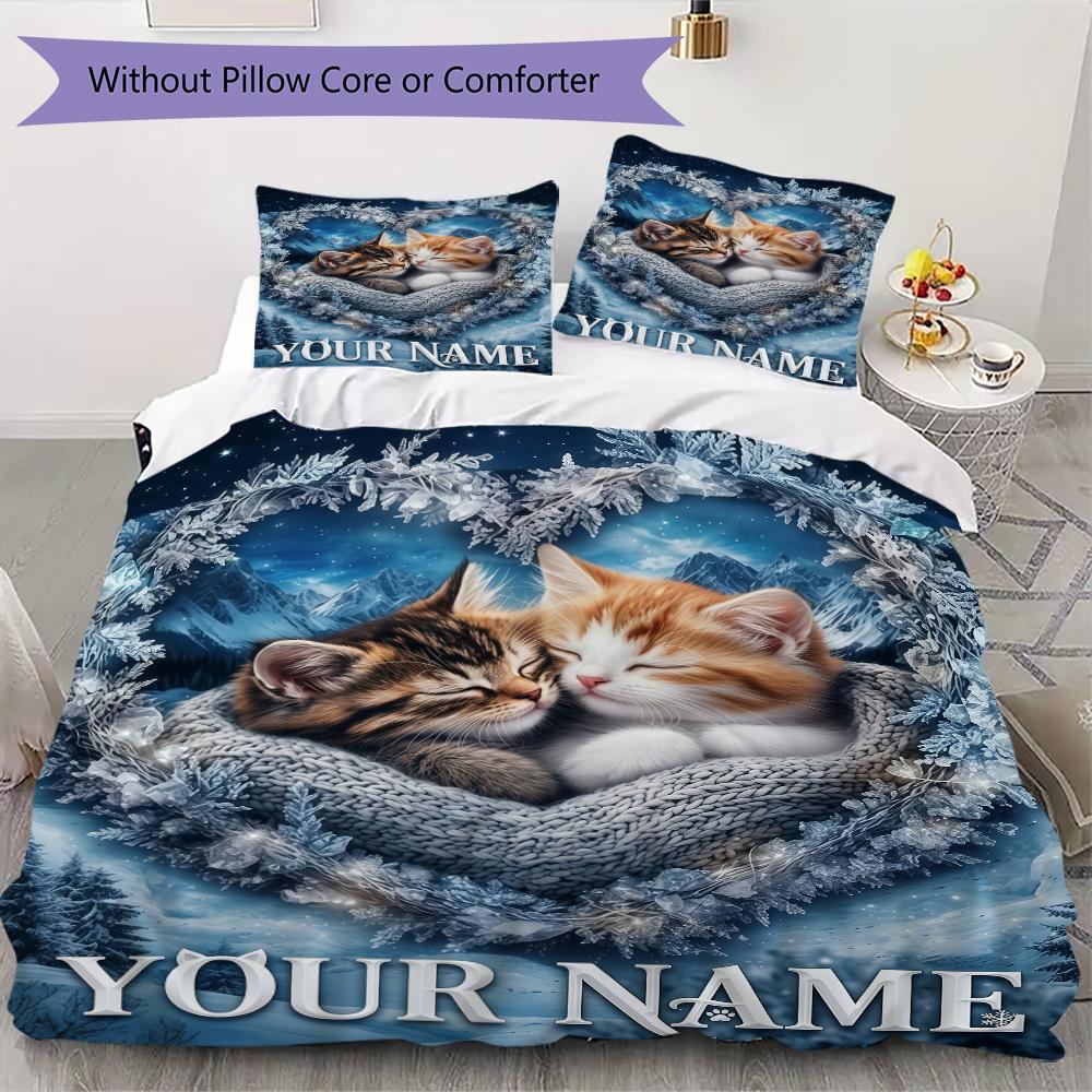 Benutzerdefinierter Name Winter Herz Kätzchen Bettwäsche, Steppdecke Set Bettbezug Kissenbezug Zuhause Geburtstagsgeschenk(1 Bettbezug + 2 Kissenbezüge, ohne Füllung)_lx