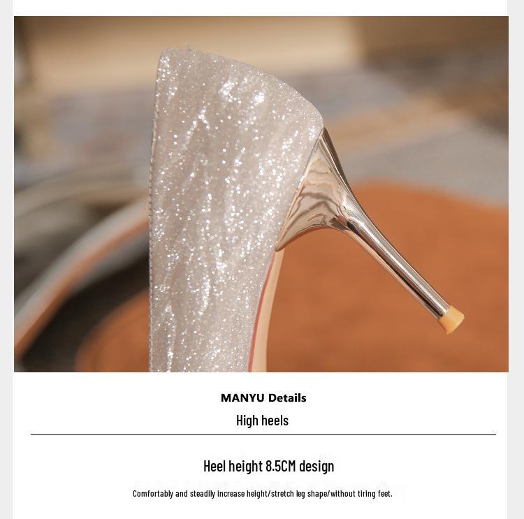 French Sequin High Heels: Xiuhe Wedding Dress Pointed Toe Flats for Women