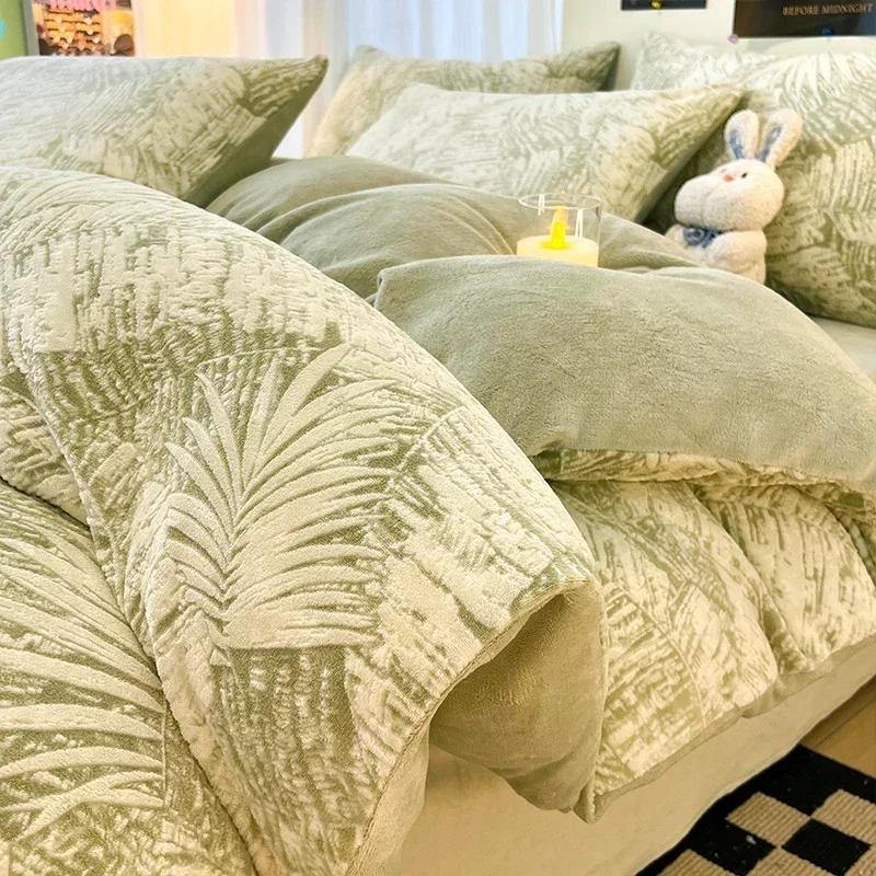 Winter Dickes Bedrucktes Milchsamt Vier-Teile-Set Bequem und Warm Kurzplüsch-Bettbezug 3-teiliges Set Kinderbettlaken