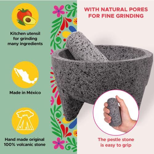 Molcajete 8-tommer, håndlaget i Mexico med naturlig vulkansk stein, et håndverksmessig kjøkkenredskap. Finkverner for kverning. Spesialdesignet for