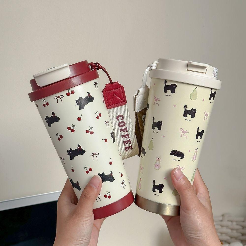 Niedlicher Kirsch-Katzen-Tumbler 500ml Kawaii Wasserflasche Edelstahl Thermobecher mit Strohhalm Tragbares Kaffee-Thermosgefäß für Tee Geschenk