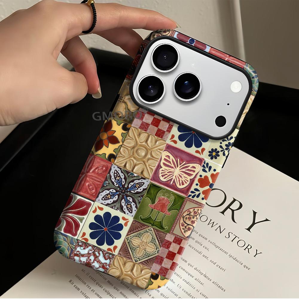 Popular Totem Retro Butterfly Flower Is Suitable for Apple 17pro Mobile Phone Case 16/15 Double-layer Film Anti-drop Case.