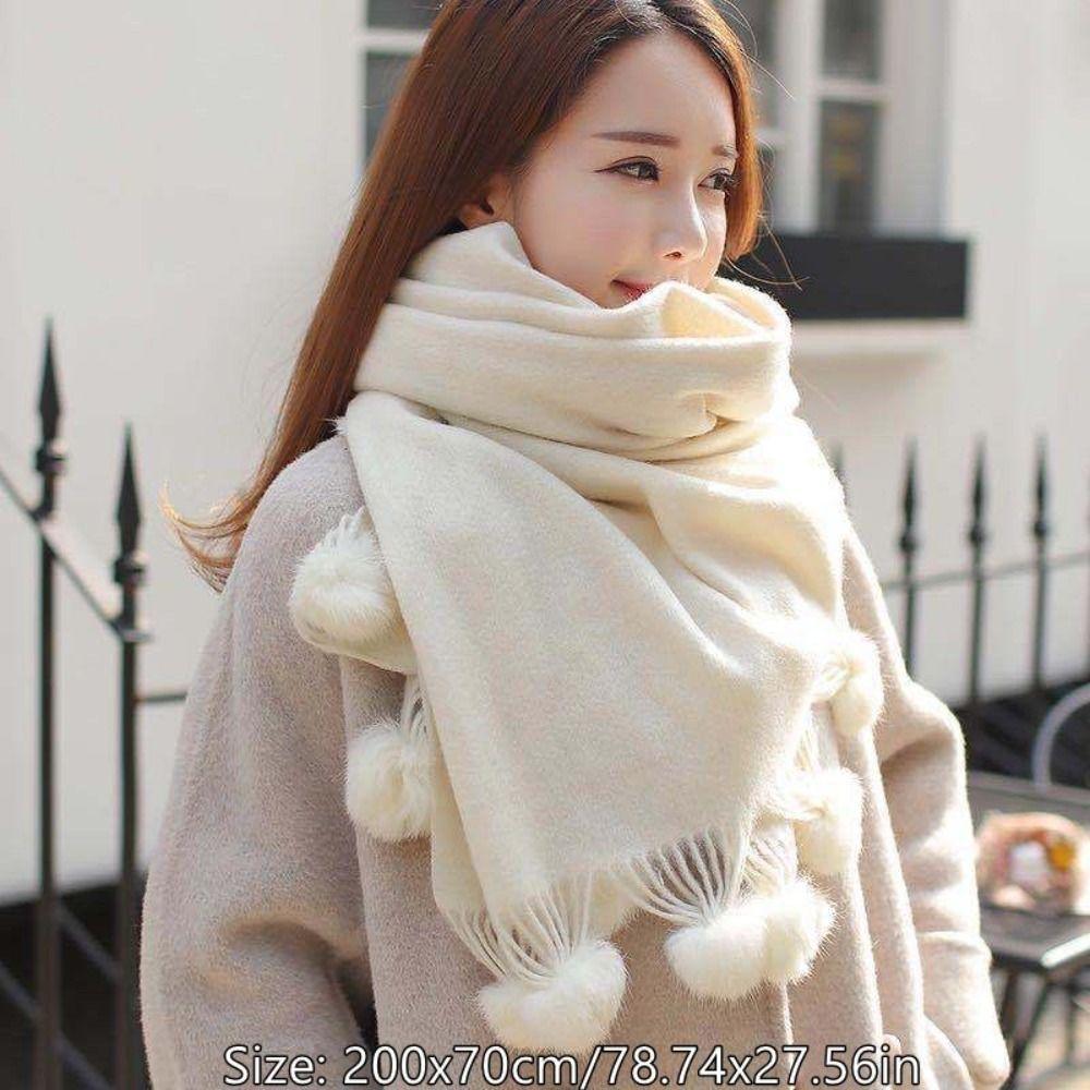 Oversized Rabbit Fur Pom Pom Scarf Solid Color Oversized Pashmina Poncho Outdoor Wear