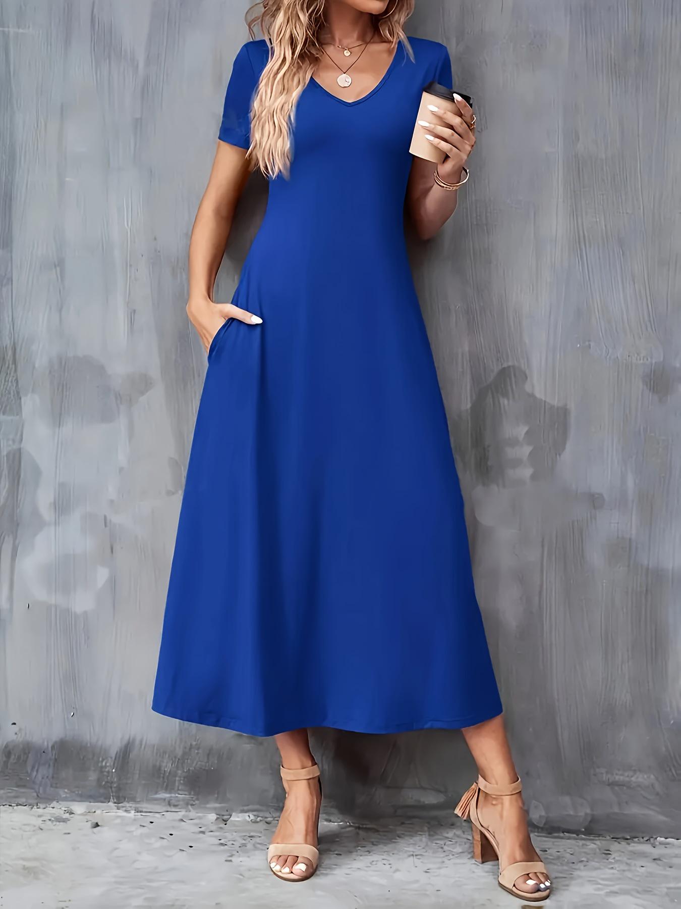 

Жіноча літня сукня з V-подібним вирізом та короткими рукавами з кишенями S королівський синій колір