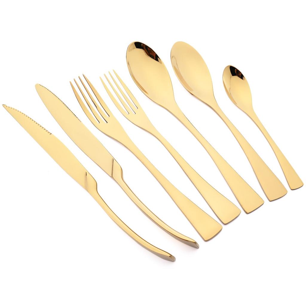 7Pcs Gold Dinnerware Set High Quality Stainless Steel Cutlery Set Knife Fork Tea Spoon Tableware Set Home Kitchen Dinner Silverware Set