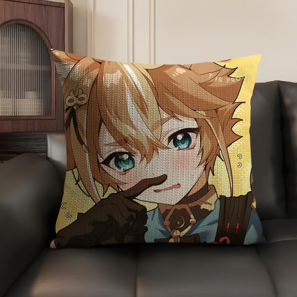 Gorou Genshin Impact Cute Cushion Cover Natural Linen Organic Fabric Double-Sided Printing Sofa Home Decor Gift Pillow Case
