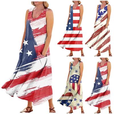 Women's Casual Comfortable Independence Day Print Sleeveless Cotton Pocket Dress