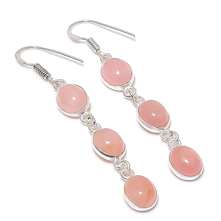 Natural Rose Quartz Gemstone Handmade 925 Sterling Silver Earring 2.60" C6m16