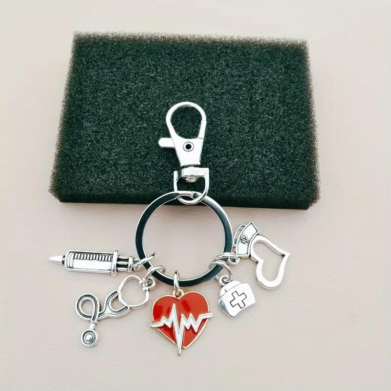 Vintage Syringe Stethoscope Keychain with Heart-Shaped Pendant