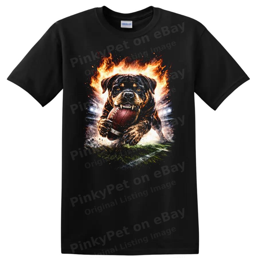 Rottweiler Dog Playing Football Fire Graphic T Shirt Cool Sport Tee