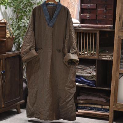 Women Vintage Winter Dresses V-Neck Long Sleeve Patchwork Pockets Chinese Style Dress