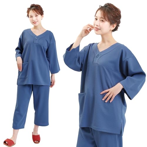 Fuuka In-Hotel Relaxation Wear (Blue) Waffle Fabric Unisex Linen-Compatible Commercial Use (Sauna/Hotel/Ganbanyoku/Spa) (Size F)