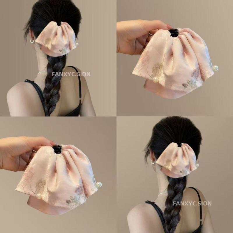 Neuer Chinesischer Stil Elegante Bedruckte Satin Perlen Pferdeschwanz Haarspange Haarschmuck Für Frauen Kopfschmuck