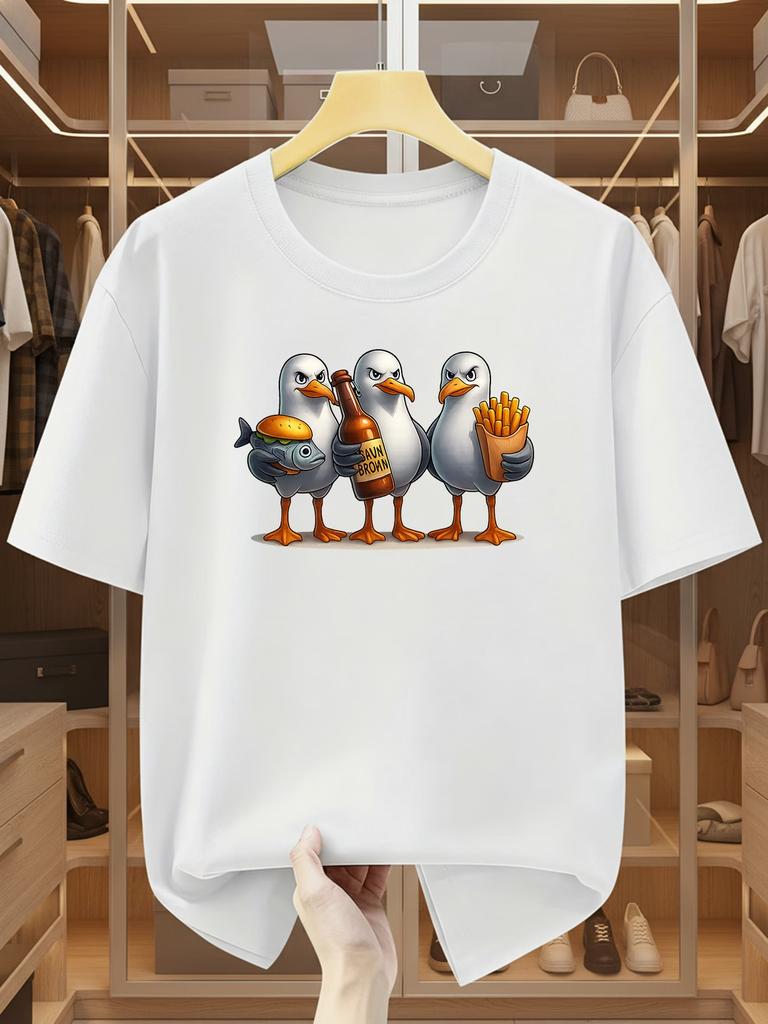 Summer Boys Girls Funny Cartoon Three Seagulls Holding Food T Shirt Kid Baby Youth Unisex Unisex Tee Oversize Streetwear Casual top